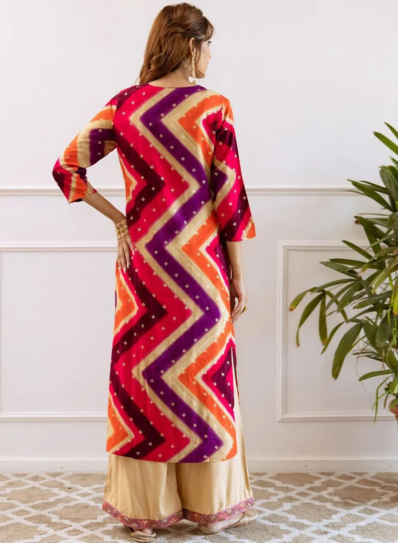 ISHIN Women's Pink Rayon Printed Tunic Full Length Casual Straight Fit Kurta Set