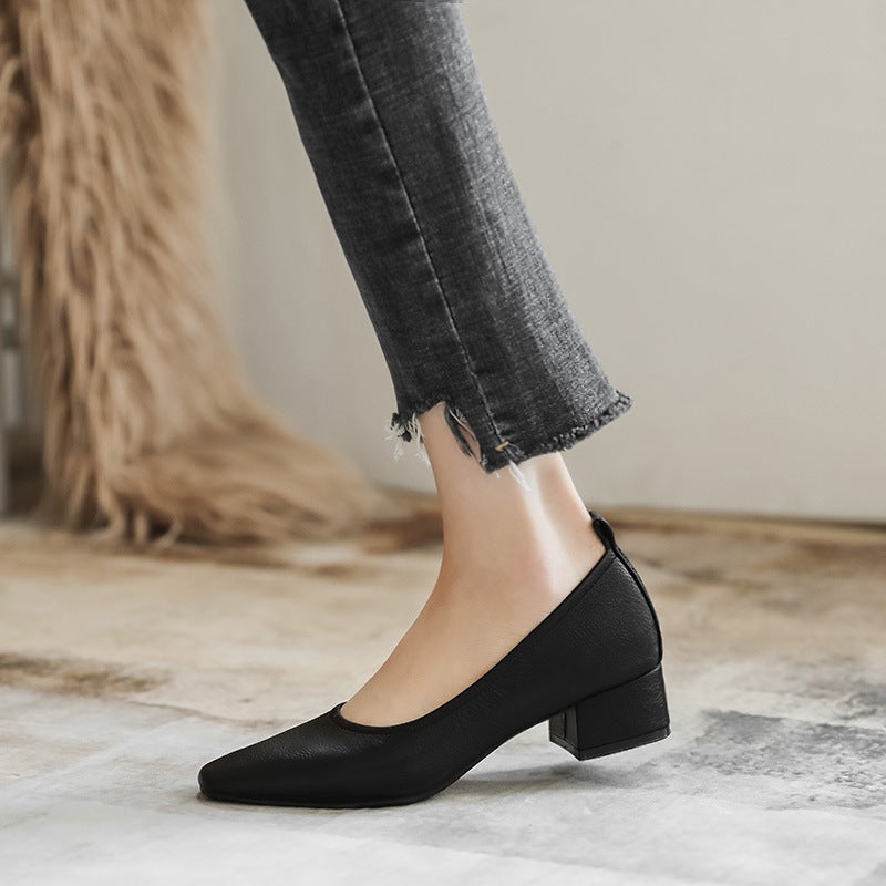 Work Shoes Women'S Black Small Leather Shoes Thick Heel Mid Heel High Heels Professional Work Women'S Shoes Square Hole Shoes - Image 5