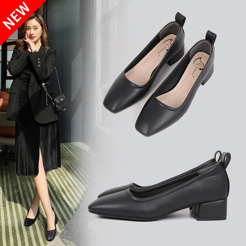 Work Shoes Women'S Black Small Leather Shoes Thick Heel Mid Heel High Heels Professional Work Women'S Shoes Square Hole Shoes - Image 2