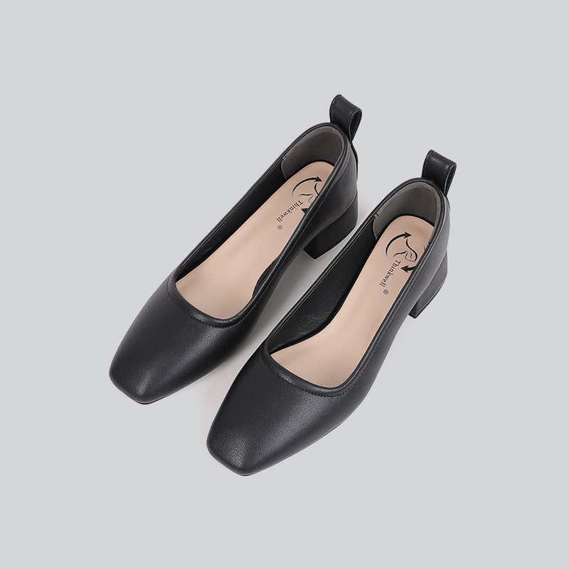 Work Shoes Women'S Black Small Leather Shoes Thick Heel Mid Heel High Heels Professional Work Women'S Shoes Square Hole Shoes - Image 1