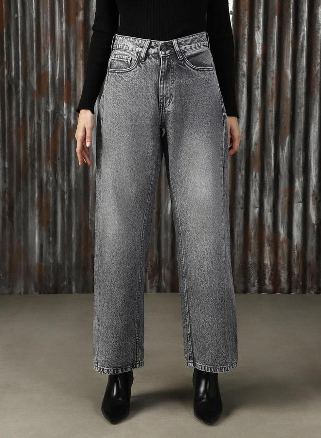 هاي ستار جينز واسع بخصر مرتفع بتأثير باهت خفيف - Image 1