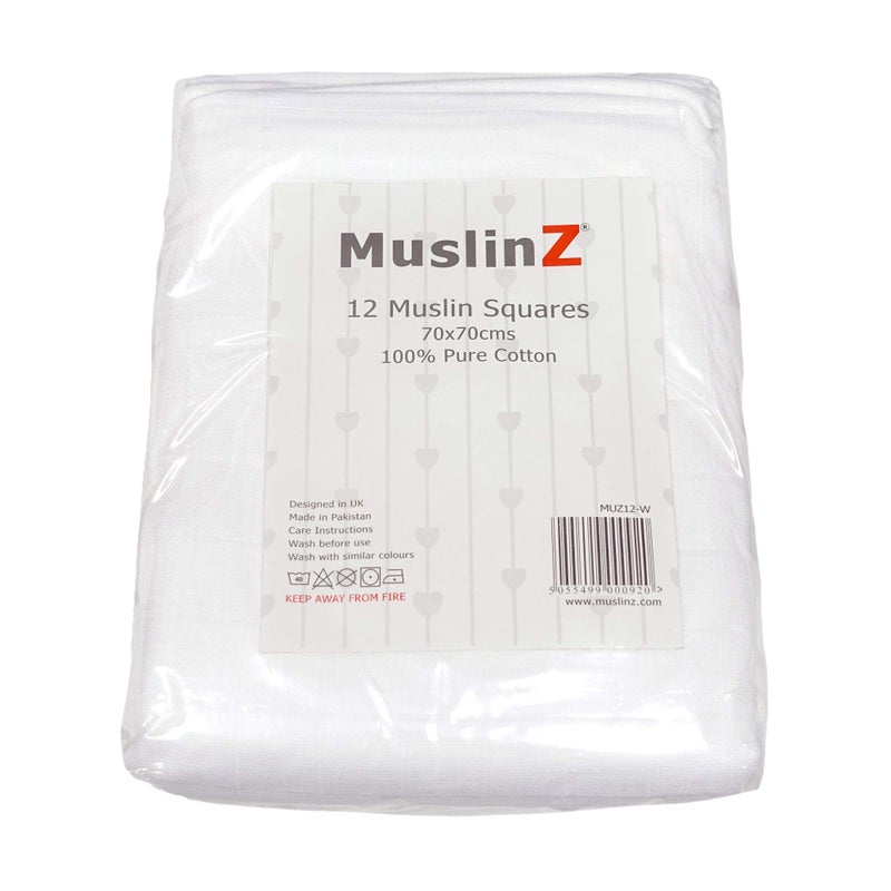 MuslinZ Baby Muslin Squares Burp Cloths 12 Pack White, 100% Pure Cotton, 70cms, Baby Essential, Soft Breathable and Absorbent - Image 2