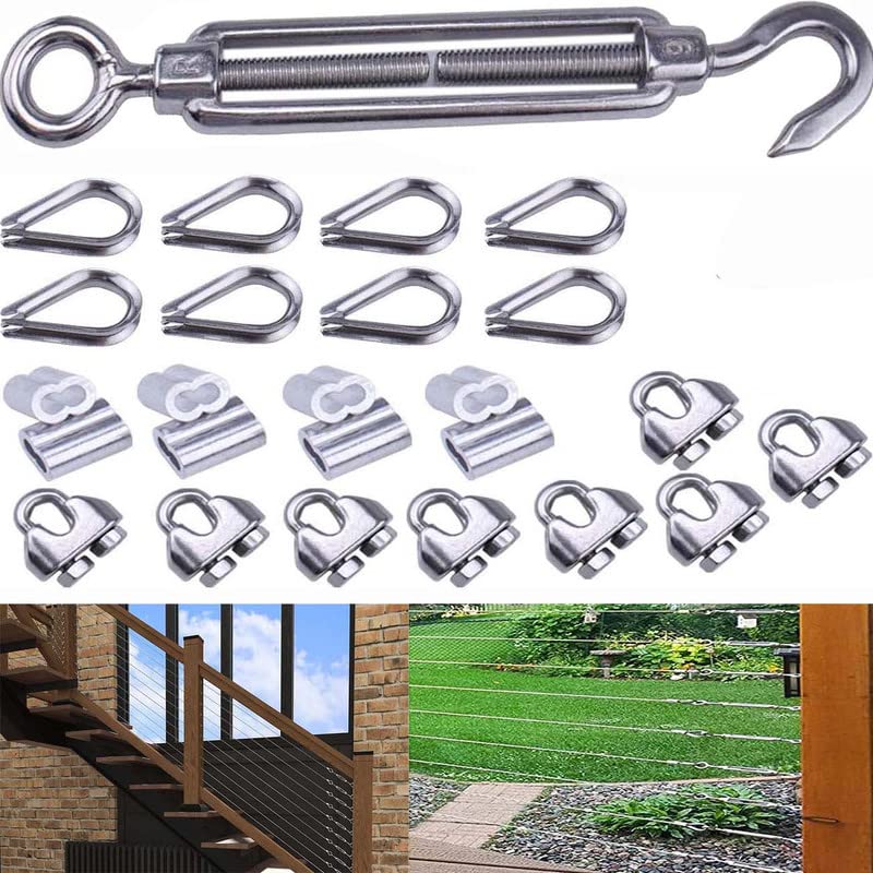 DIY Crafts 1x Kit Silver Cable Railing Kit Hook Eye Turnbuckle Wire Rope Tension Cable Clip Clamp Aluminum Crimping Loop Stainle 1x Kit Silver - Image 1