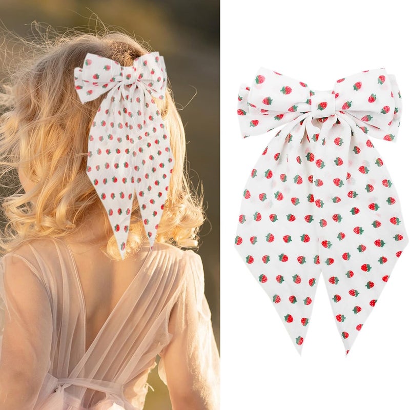 Macute Strawberry Hair Bow Clips Chiffon Hair Bows for Women Fruit Big Bow Hair Clips for Girls Silky Satin Large Hair Barrettes Spring Bows Clip Red Hairpins for Thick Thin Strawberry Hair Accessories 1Pcs - Image 1