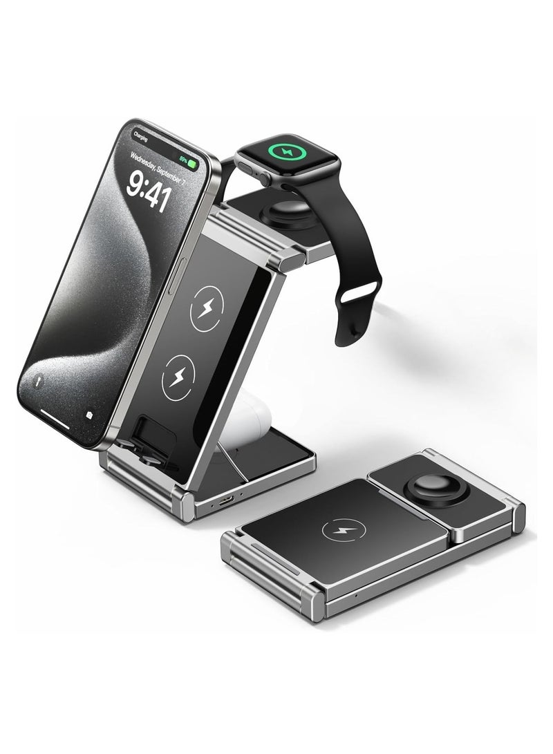 3 in 1 Wireless Charger, A80s Wireless Charger Foldable Zinc Alloy for iPhone 15/14/13/12/11 Pro MAX/X/XS Max/8/8 Plus,Apple Watch S2-8/Ultra,AirPods  - Image 1