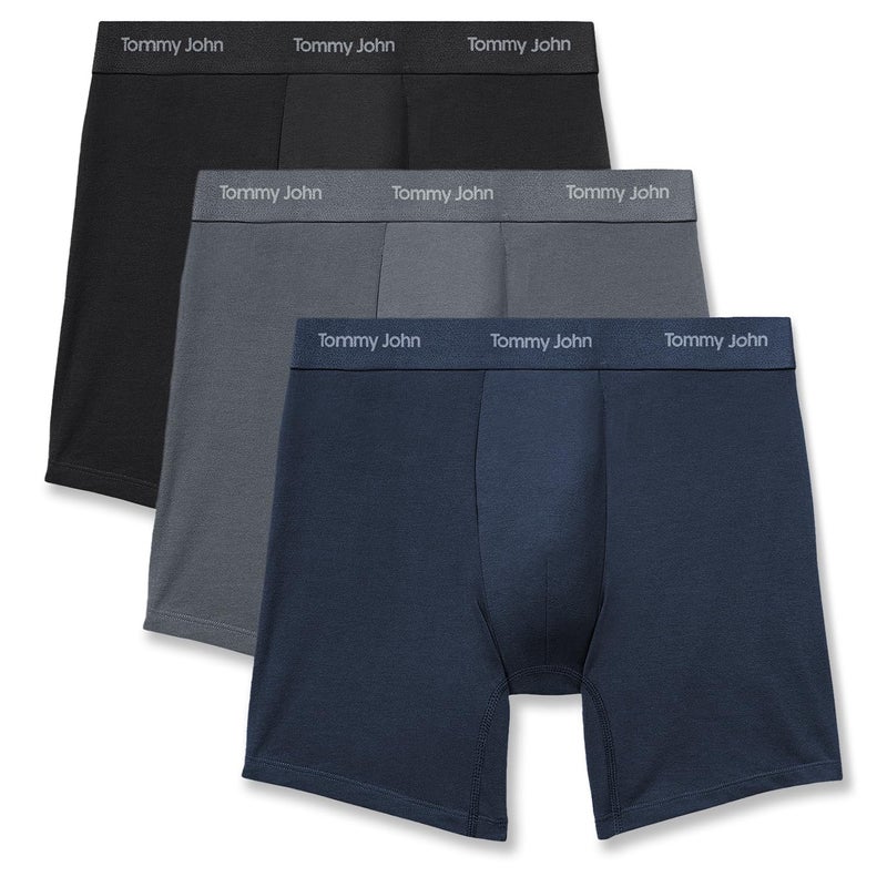 Tommy John Men's Luxe Modal 6" Mid-Length Boxer Brief Underwear, 3-Pack, Black/Turbulence/Dress Blues, Medium - Image 1