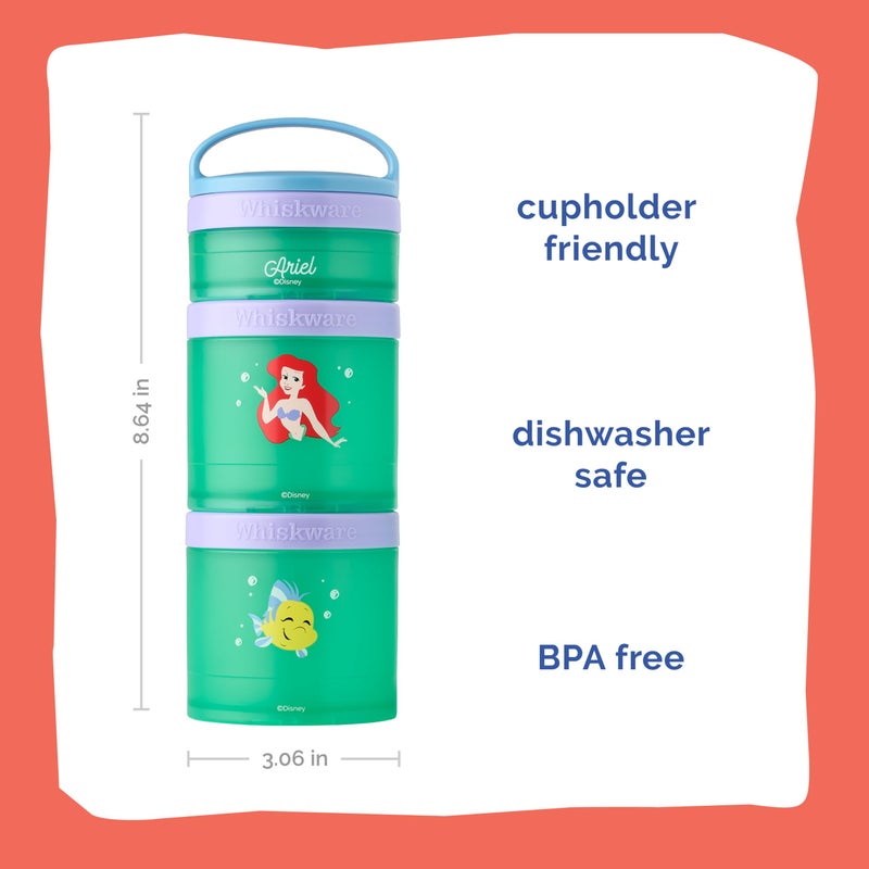 Whiskware Disney Princess Stackable Snack Containers for Kids, 3 Stackable Snack Cups for School and Travel, Ariel and Flounder - Image 1