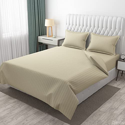 HOMECROWN Microfiber Soft Cotton King Size Double Bedsheet Set with 2 Pillow Covers – Elegant Satin Striped Design (90x100 inches) Ideal for Home, Hotels, and Guest Rooms – Beige Color - Image 2
