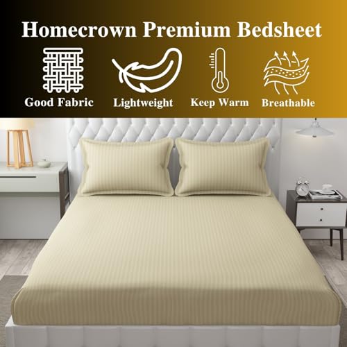 HOMECROWN Microfiber Soft Cotton King Size Double Bedsheet Set with 2 Pillow Covers – Elegant Satin Striped Design (90x100 inches) Ideal for Home, Hotels, and Guest Rooms – Beige Color - Image 4