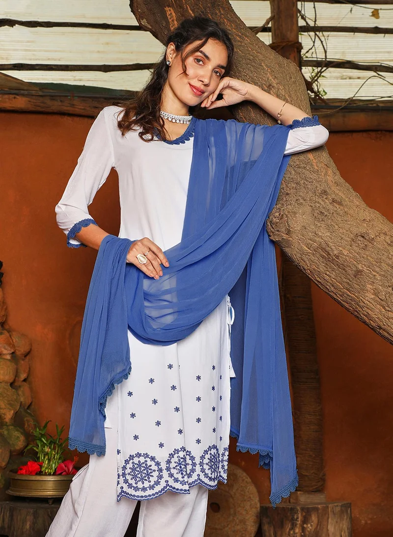  قصة Women's Azure Blue & Daisy White Irani Kurta Set