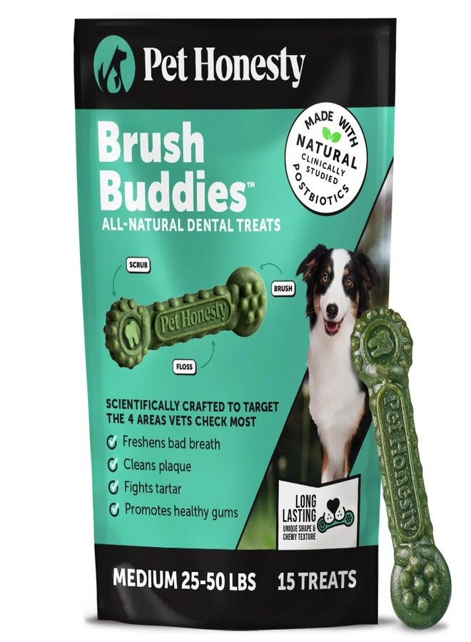 Pet Honesty Brush Buddies All Natural Dog Dental Treats for Dogs – Long Lasting Dental Sticks for Dogs, Teeth Cleaner, Breath Freshener, Plaque & Tartar Remover – Medium Sized Dogs (15 Count) - Image 1