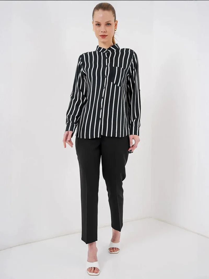 بيغ دارت قميص بأزرار مخططة بأكمام طويلة وجيب