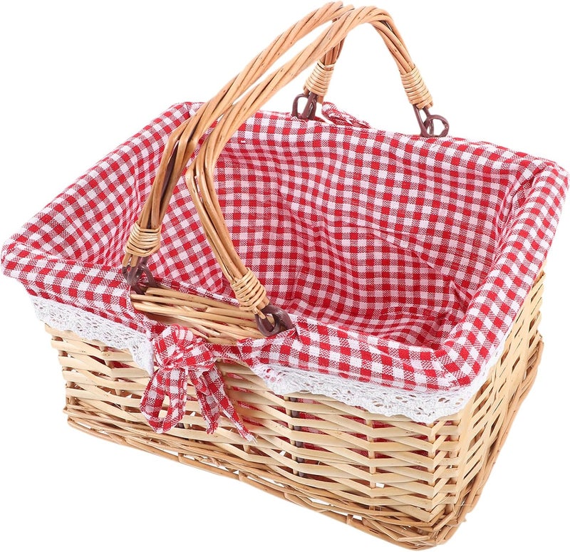 MAGICLULU Wicker Hand-Woven Fruit Basket with Handle Small Natural Willow Picnic Basket with Red Plaid Liner Portable Kitchen Storage - Image 1