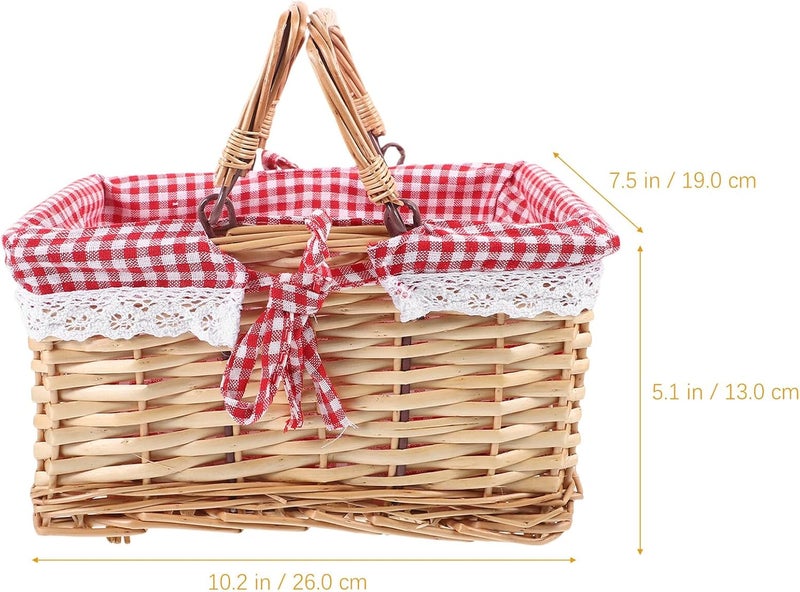 MAGICLULU Wicker Hand-Woven Fruit Basket with Handle Small Natural Willow Picnic Basket with Red Plaid Liner Portable Kitchen Storage - Image 2