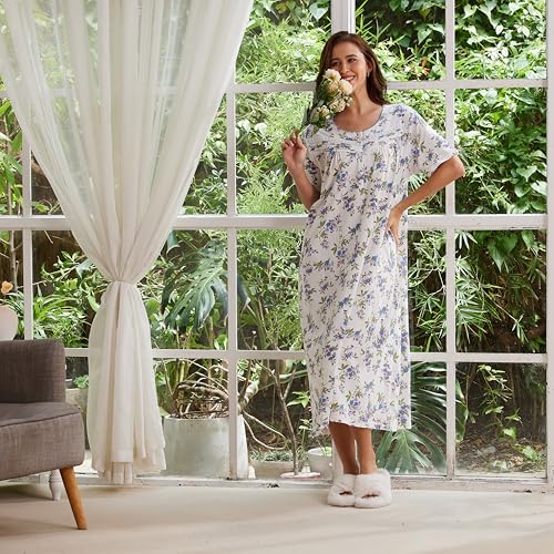 Keyocean Nightgowns for Women, Soft Cotton Lightweight Short Sleeves Ladies Sleeping-gown, Blue and Purple Floral, X-Large(XL) - Image 3