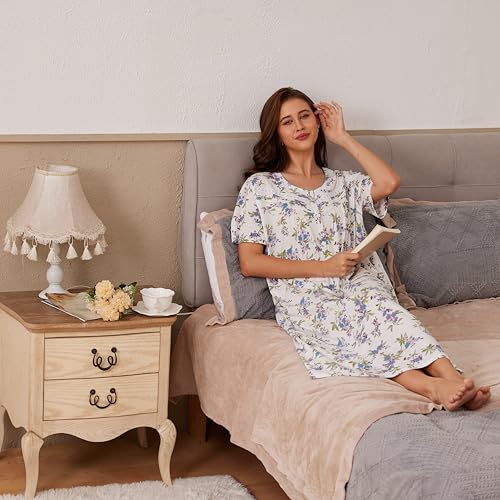 Keyocean Nightgowns for Women, Soft Cotton Lightweight Short Sleeves Ladies Sleeping-gown, Blue and Purple Floral, X-Large(XL) - Image 5