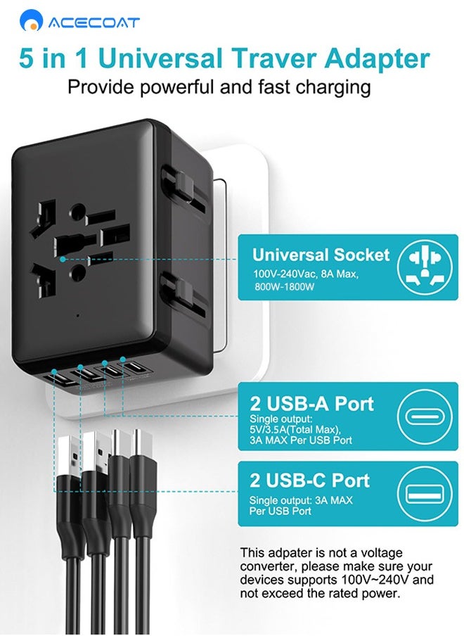 ايسكوت محول السفر الدولي العالمي مع 2 USB 2 نوع C - شاحن قابس حائط متعدد الوظائف مع مصهر 8A - محول مقبس ذكي للشحن السريع مع حماية السلامة للولايات المتحدة/المملكة المتحدة/الاتحاد الأوروبي/الاتحاد الأفريقي  - Image 4