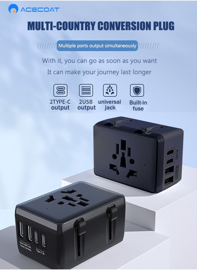 ايسكوت محول السفر الدولي العالمي مع 2 USB 2 نوع C - شاحن قابس حائط متعدد الوظائف مع مصهر 8A - محول مقبس ذكي للشحن السريع مع حماية السلامة للولايات المتحدة/المملكة المتحدة/الاتحاد الأوروبي/الاتحاد الأفريقي  - Image 2
