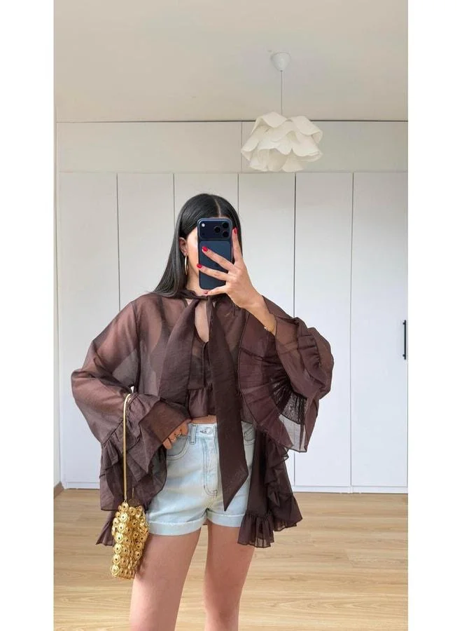 Gaus Coffee Shawl Detailed Ruffled Blouse GAUS-01597.