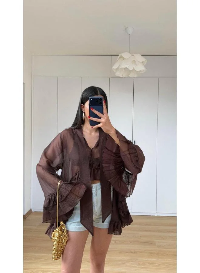 Gaus Coffee Shawl Detailed Ruffled Blouse GAUS-01597.