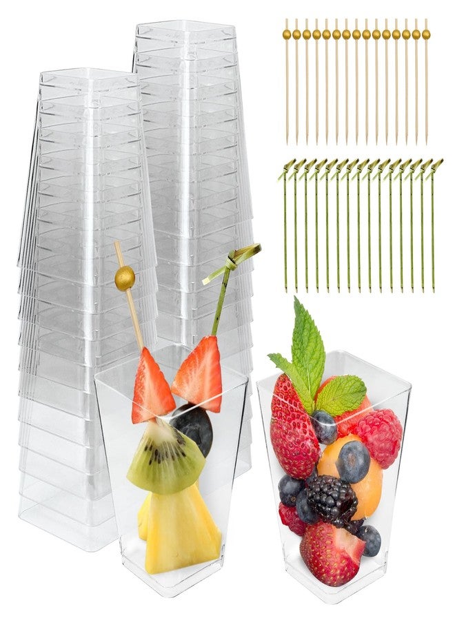 Slomg 50 Sets 5 oz Plastic Charcuterie Cups with 100 Sticks, Clear Mini Fruit Appetizer Cups with Cocktail Picks, Disposable Small Dessert Cups for Snack Salad Dip Veggies Party Serving - Image 1