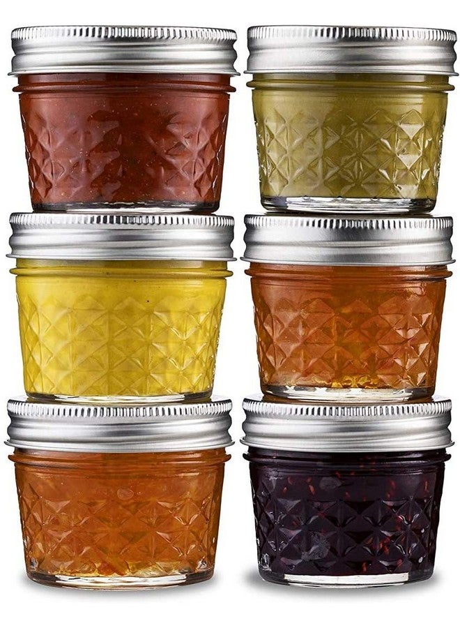 Ash & Roh - Regular Mouth Mini Mason Jars With Lids, Quilted Crystal Style Glass Canning Jars Ideal For Food Storage, Jam, Body Butters, Wedding Favors, Diy Magnetic Spice [100 Ml] (6, Clear) - Image 1