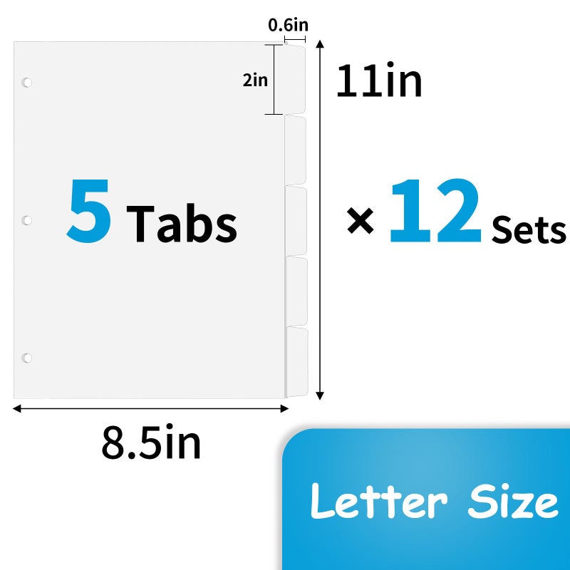 Coidea Binder Dividers for 3 Ring Binder, 1/5 Cut Tabs, Letter Size, Blank Write On Page Dividers with 5 Big Tabs for School Office Home, 12 Sets, 60 Dividers, White - Image 2