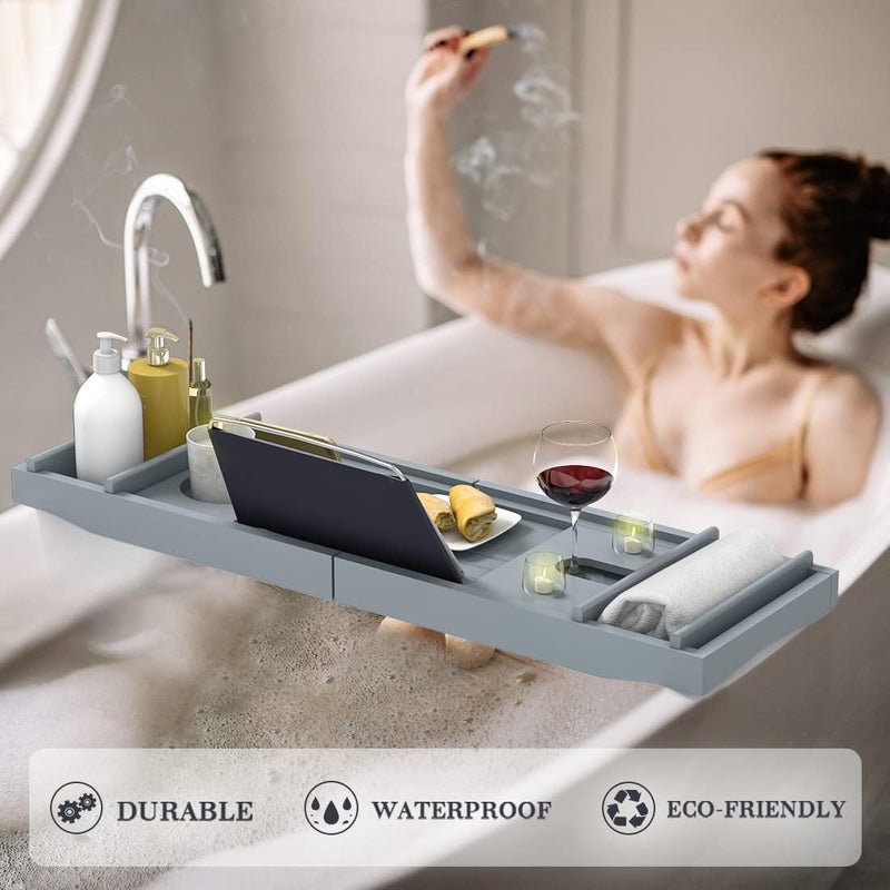 Bamfan Bath Caddy Tray for Bathtub - Bamboo Adjustable Organizer Tray for Bathroom with Soap Dish Suitable for Luxury Spa or Reading(Bluish Grey) - Image 5