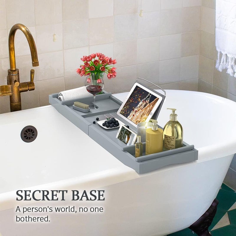 Bamfan Bath Caddy Tray for Bathtub - Bamboo Adjustable Organizer Tray for Bathroom with Soap Dish Suitable for Luxury Spa or Reading(Bluish Grey) - Image 2