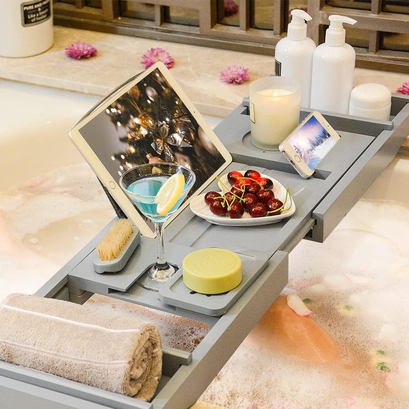 Bamfan Bath Caddy Tray for Bathtub - Bamboo Adjustable Organizer Tray for Bathroom with Soap Dish Suitable for Luxury Spa or Reading(Bluish Grey) - Image 4