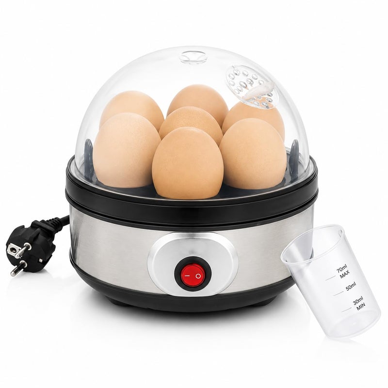 350W 2 in 1 Fast Electric Egg Boiler, 7 Egg Steamer, Stainless Steel Body with Clear Lid and Measuring Cup, Automatic Alarm, 12 Months Warranty - Image 1
