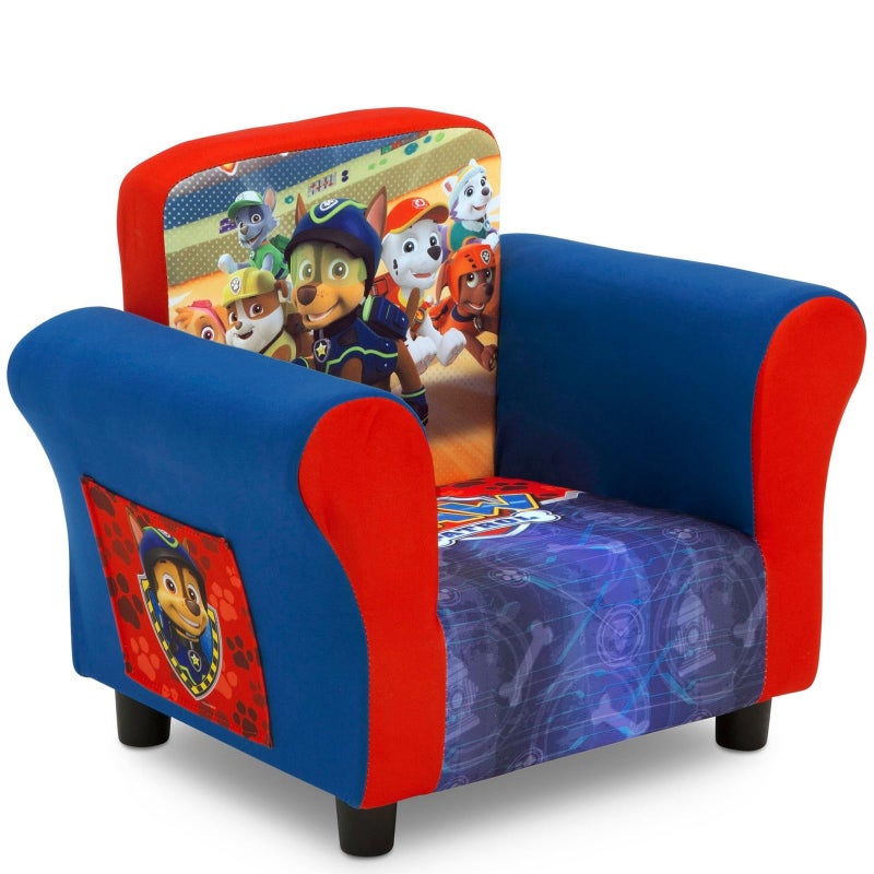 Delta Children Upholstered Chair with PAW Patrol Graphics Wood Frame Plush Foam Padding Side Pockets for Toddlers and Kids