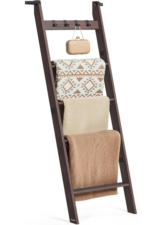 VASAGLE Blanket Ladder, 5-Tier Ladder Shelf, Ladder Rack for Storage and Decor, Towel Ladder with 4 Removable Hooks, Decorative Farmhouse for The Living Room, Bedroom, Maroon Brown ULLS028K01 - Image 1