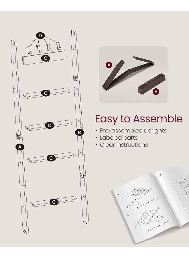 VASAGLE Blanket Ladder, 5-Tier Ladder Shelf, Ladder Rack for Storage and Decor, Towel Ladder with 4 Removable Hooks, Decorative Farmhouse for The Living Room, Bedroom, Maroon Brown ULLS028K01 - Image 5