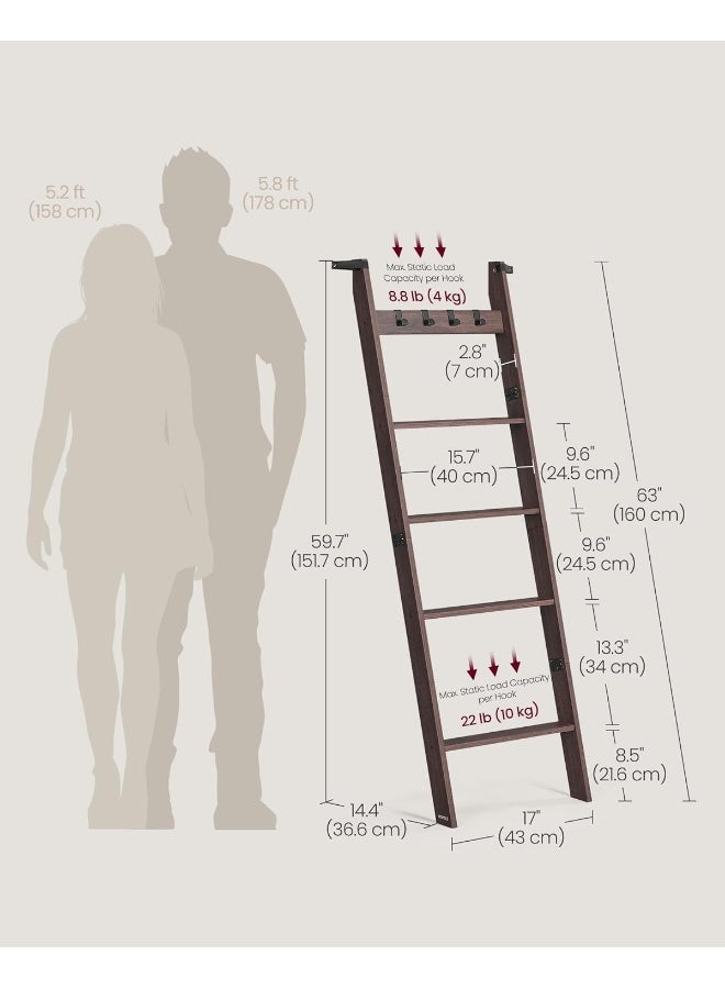 VASAGLE Blanket Ladder, 5-Tier Ladder Shelf, Ladder Rack for Storage and Decor, Towel Ladder with 4 Removable Hooks, Decorative Farmhouse for The Living Room, Bedroom, Maroon Brown ULLS028K01 - Image 3
