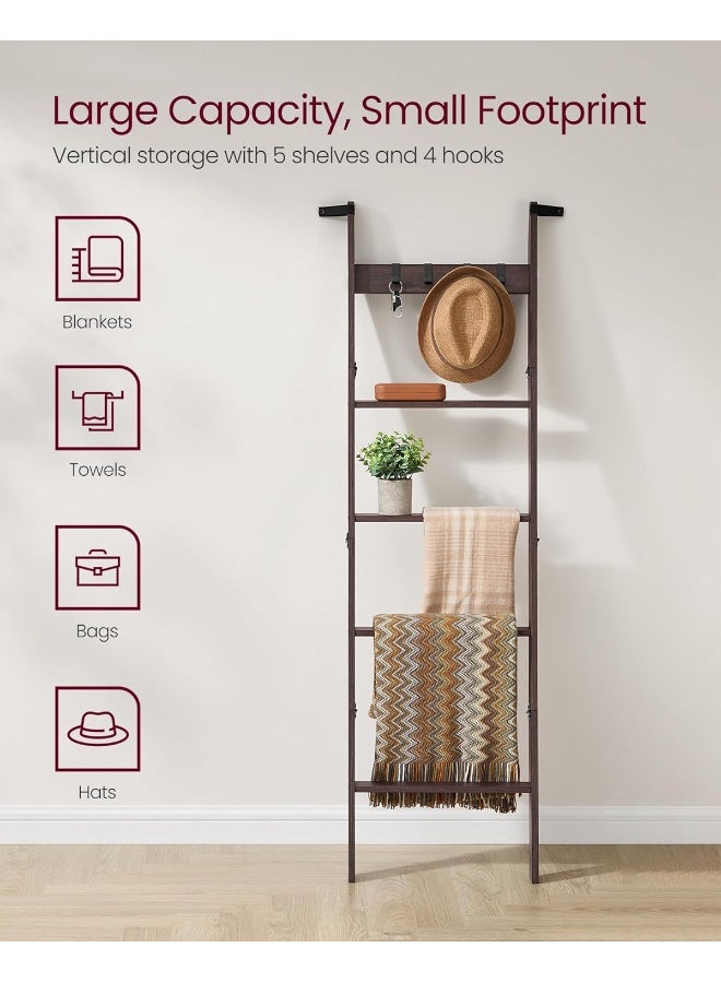 VASAGLE Blanket Ladder, 5-Tier Ladder Shelf, Ladder Rack for Storage and Decor, Towel Ladder with 4 Removable Hooks, Decorative Farmhouse for The Living Room, Bedroom, Maroon Brown ULLS028K01 - Image 4