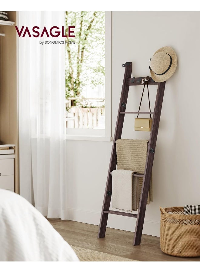 VASAGLE Blanket Ladder, 5-Tier Ladder Shelf, Ladder Rack for Storage and Decor, Towel Ladder with 4 Removable Hooks, Decorative Farmhouse for The Living Room, Bedroom, Maroon Brown ULLS028K01 - Image 2