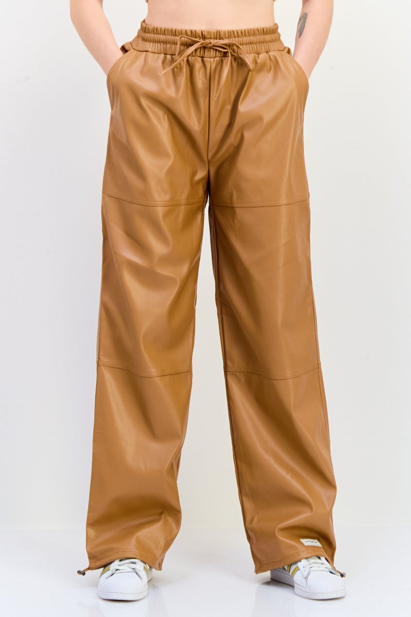 The Giving Movement Women Regular Fit Plain Leather Jogger Pants, Tan - Image 1