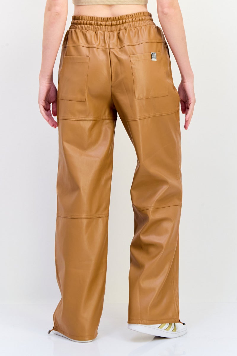 The Giving Movement Women Regular Fit Plain Leather Jogger Pants, Tan - Image 2