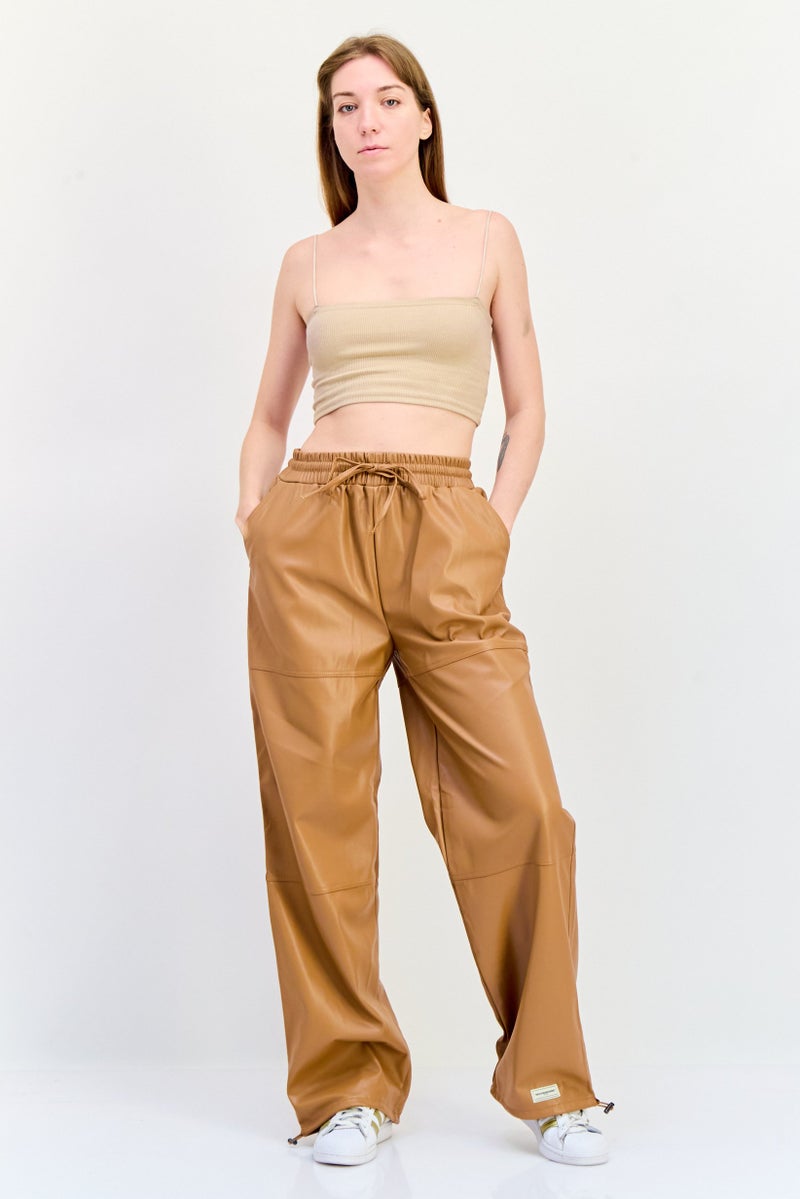 The Giving Movement Women Regular Fit Plain Leather Jogger Pants, Tan - Image 3