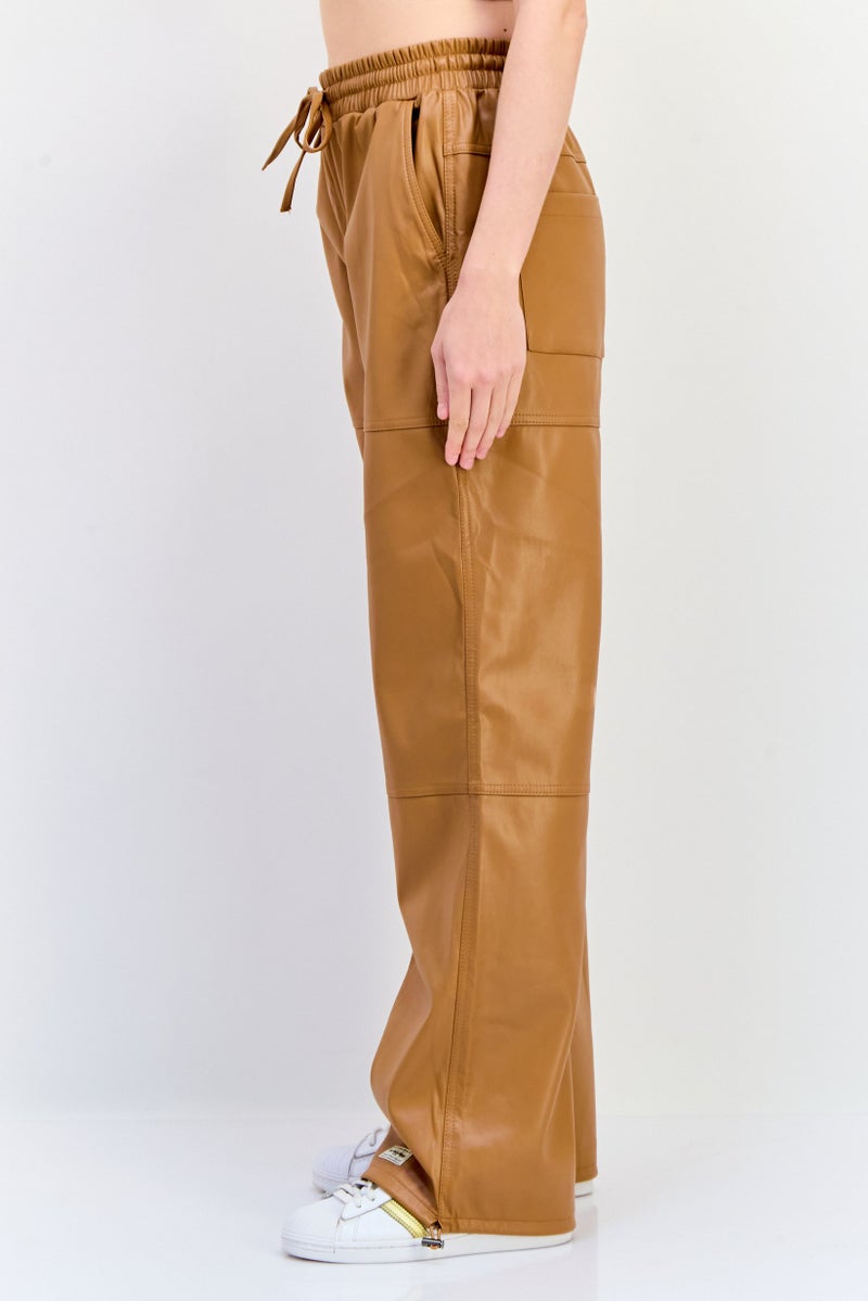 The Giving Movement Women Regular Fit Plain Leather Jogger Pants, Tan - Image 4