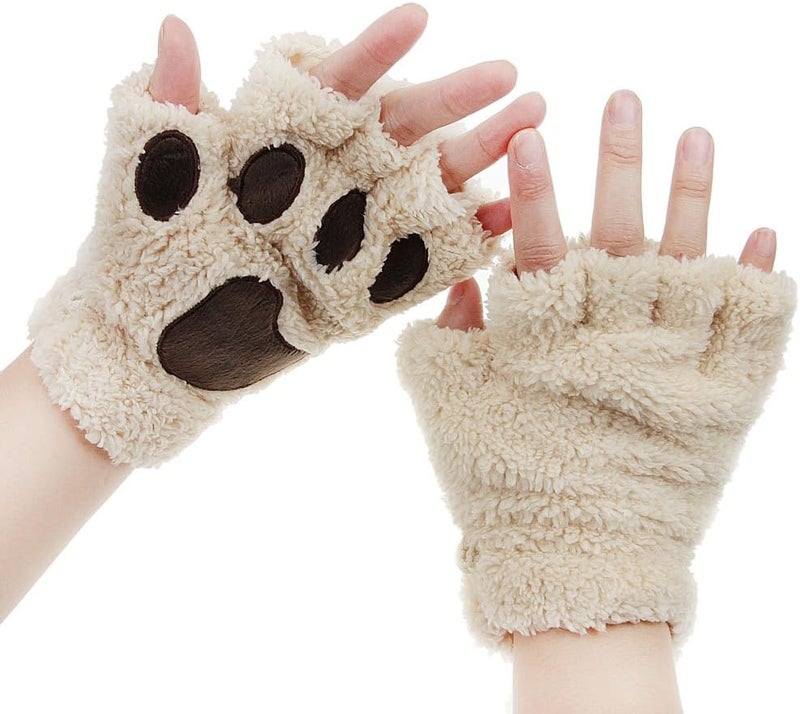 Fakeface Cute Cat Kitten Paw Fingerless Faux Fur Plush Gloves For Girls Women - Image 1