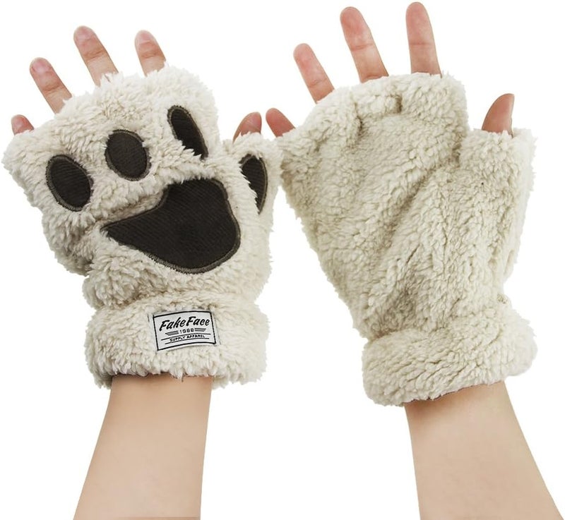 Fakeface Cute Cat Kitten Paw Fingerless Faux Fur Plush Gloves For Girls Women - Image 3