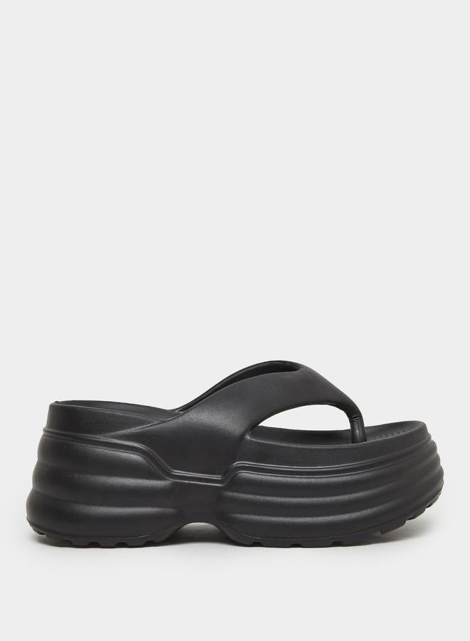 Styli Women Black Thong Toe Chunky Heel Slides - Image 1