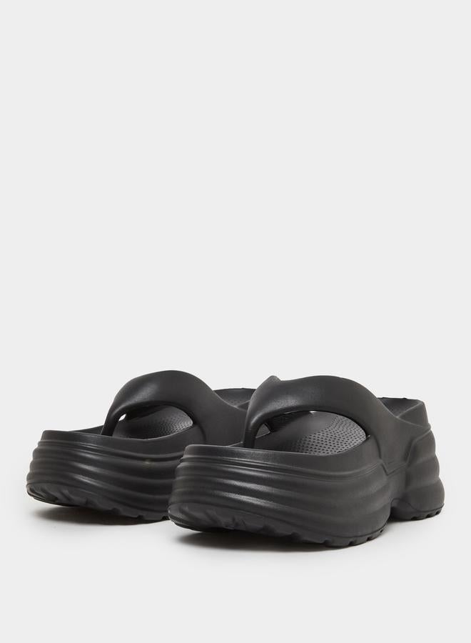 Styli Women Black Thong Toe Chunky Heel Slides - Image 2