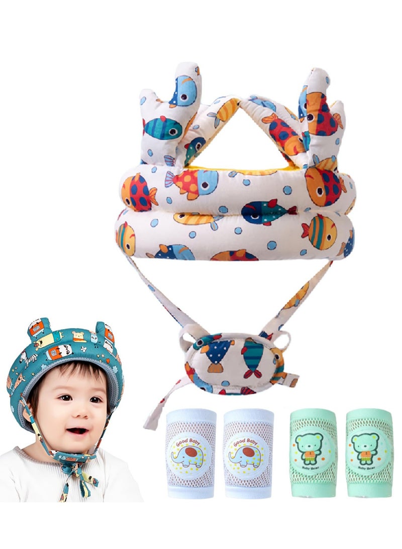 دوميني واقي رأس الطفل وزوجان من وسادات الركبة للأطفال للزحف، خوذة الطفل وواقي الذقن، خوذة أمان للرضع، وسادة رأس مضادة للصدمات والسقوط، وسادات ركبة صيفية قابلة للتنفس للأطفال الزحف، وسادات ركبة قابلة للتعديل مضادة للانزلاق، واقيات ركبة ناعمة ومرنة للغاية للأطفال الرضع والفتيات والفتيان أثناء الزحف والمشي واللعب. - Image 1