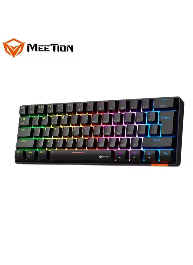 ميشين - لوحة مفاتيح ألعاب Meetion MK005BT 60% لاسلكية مزودة بـ 12 مفتاح اختصار للوسائط المتعددة وبلوتوث مع عمود ثابت ميكانيكي حقيقي وإضاءة خلفية LED ولوحة مفاتيح ميكانيكية قابلة للتعديل ومقاومة للظلال لنظامي التشغيل Windows وMac باللون الأسود - Image 1