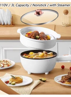 Generic Electric Hot Pot with Steamer & Temperature Control - Non-Stick Cooker Shabu Shabu Skillet Frying Pan Electric Saucepan for Noodles Egg Steak Saute Steam and Soup (3L White)  - Image 3