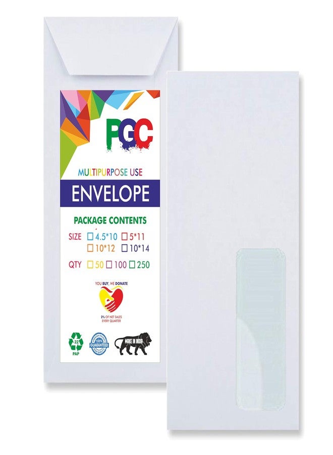 PG Creations 4.5x10 Inch, 100 Envelopes, Cheque Size Business Envelopes, 100 Gsm Paper, Window Envelope for Office, Courier & Letters, White - Image 1