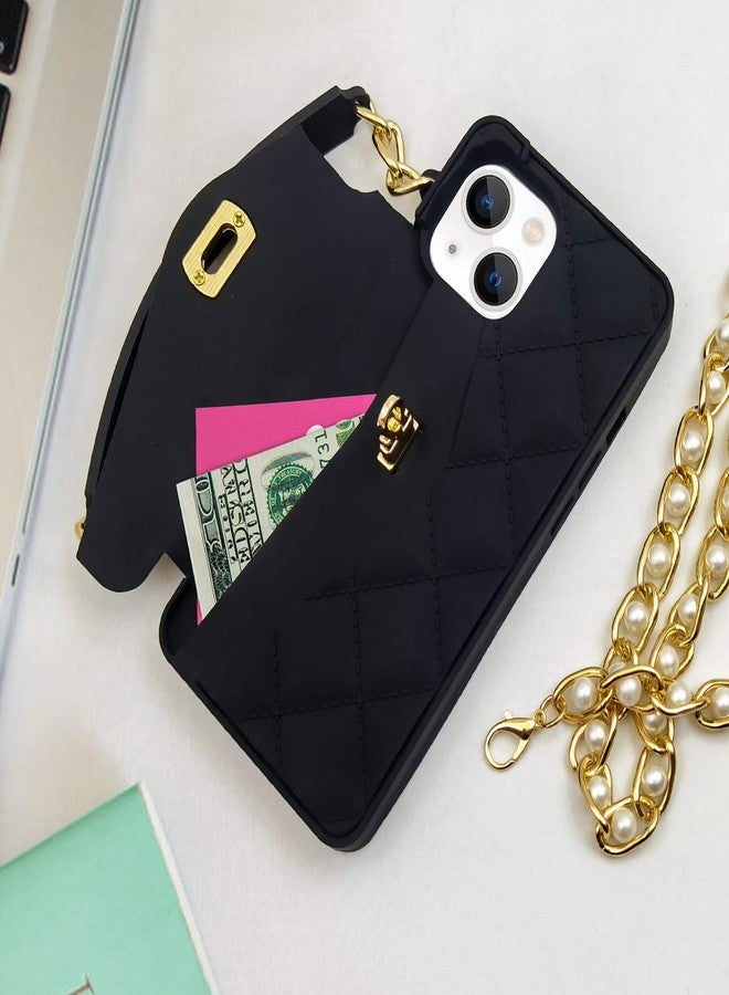 أوميو جراب Omio لهاتف iPhone 13، جراب يد مع حامل بطاقات قابل للطي، حزام معصم، غطاء سيليكون ناعم، جراب محفظة أنيق وفاخر للنساء، سلسلة طويلة من اللؤلؤ، أسود - Image 2